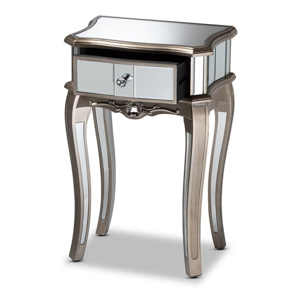 Baxton Studio Elgin Contemporary Glam and Luxe Brushed Silver Finished Wood and Mirrored Glass 1-Drawer Nightstand